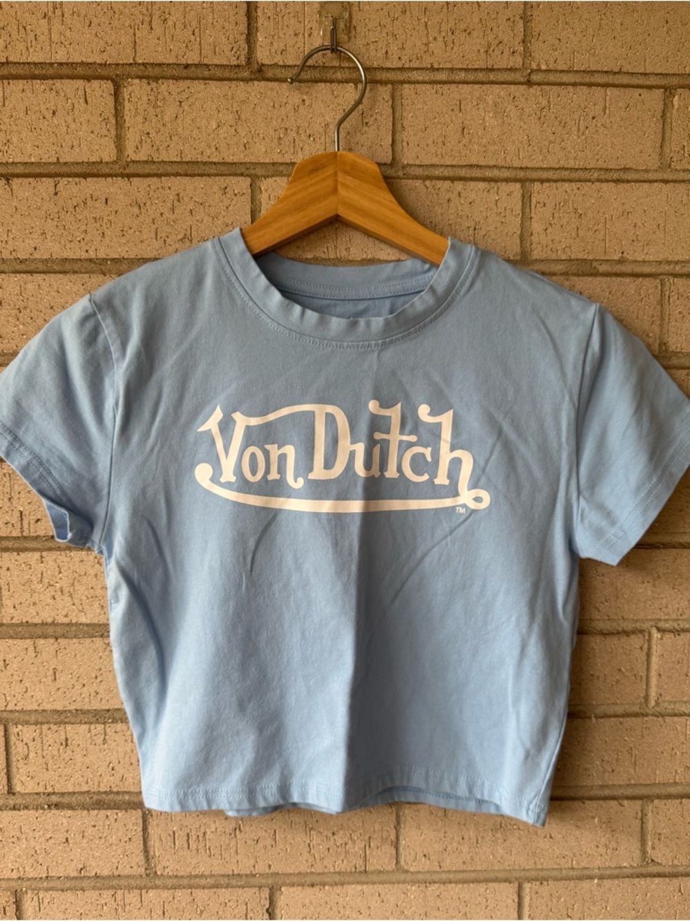Von Dutch Pale Blue Logo Cropped Baby Tee Size Small